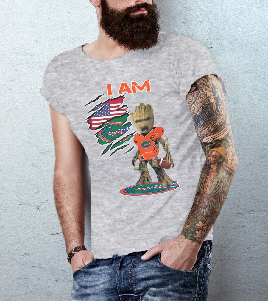 I Am Gators Baby Groot Holding Football With American Flag And Florida Gators T-Shirt