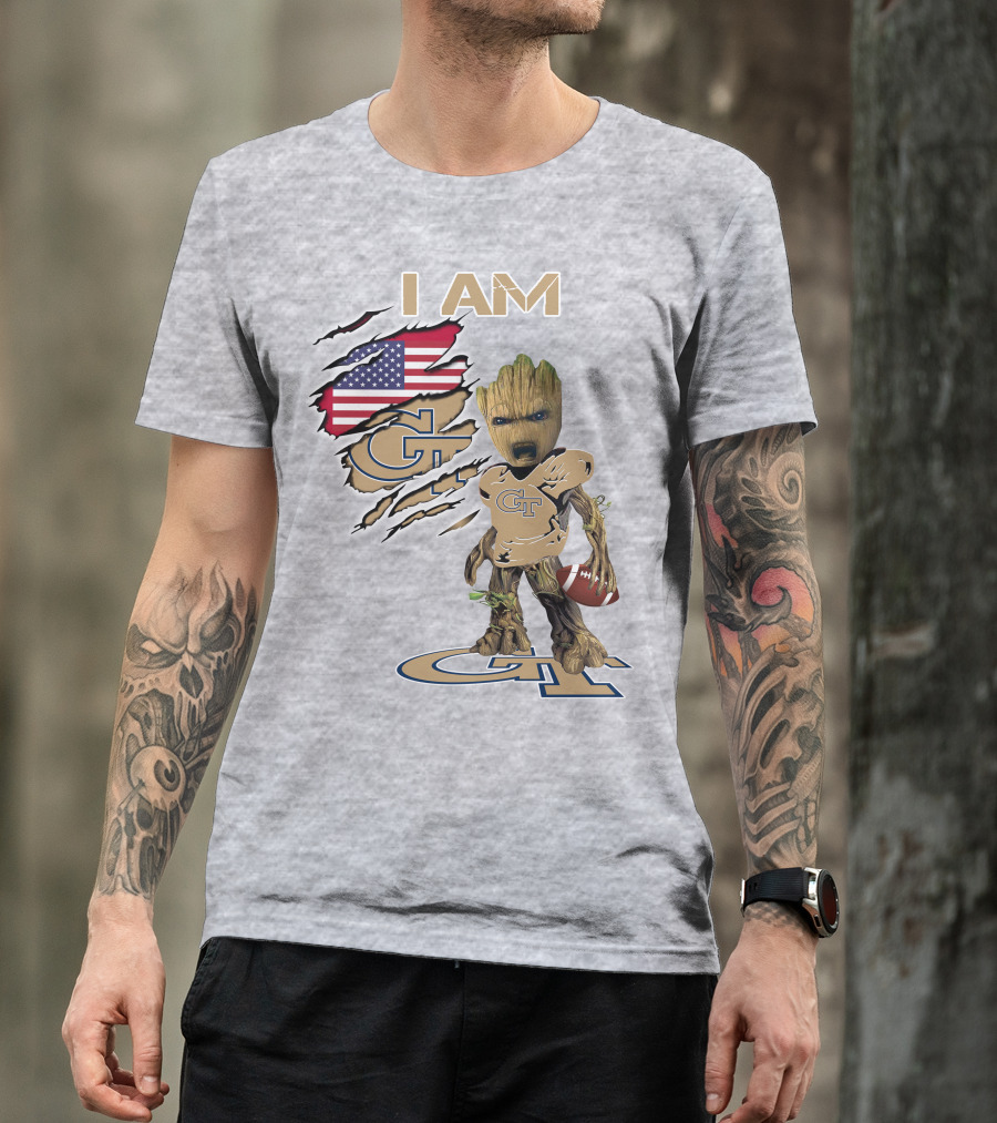 I Am Georgia Tech GT Baby Groot American Flag Football T-Shirt