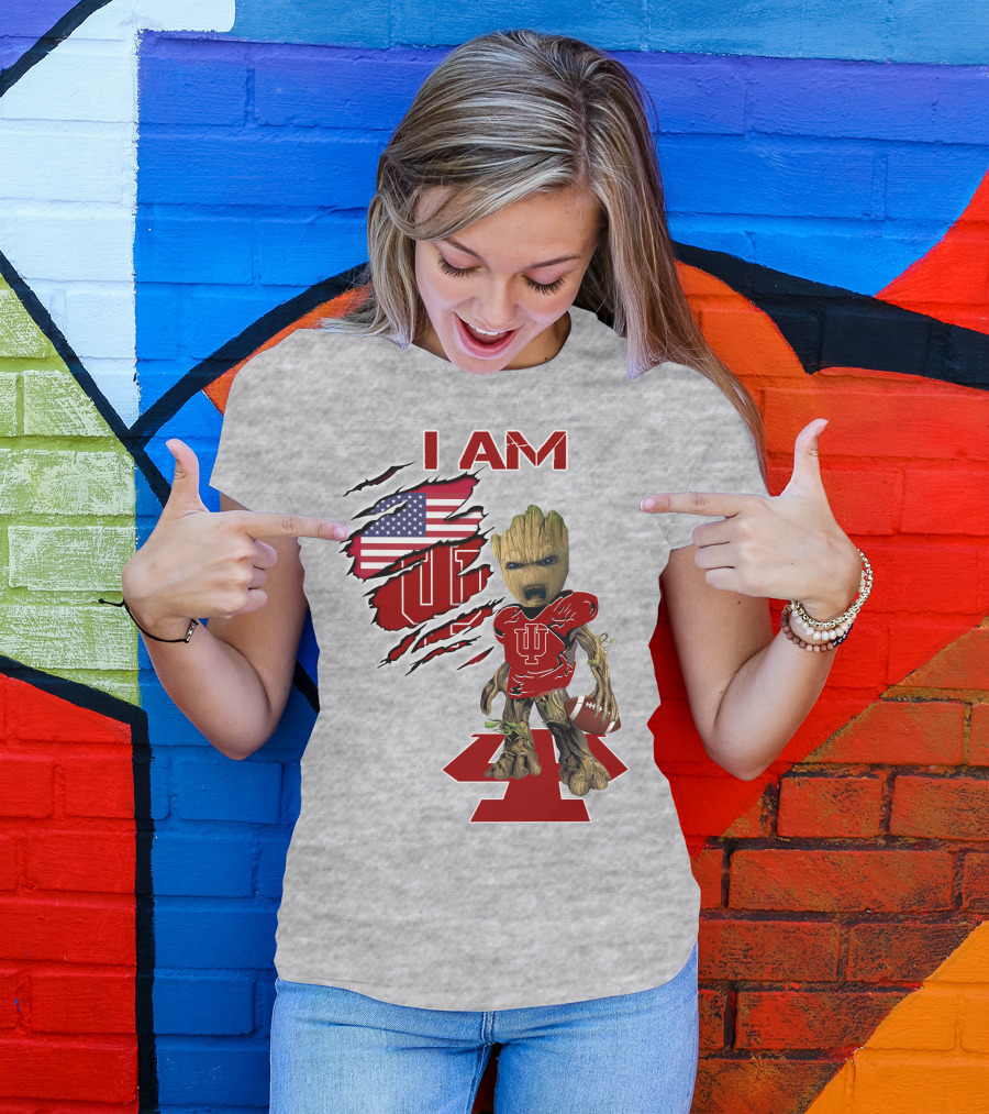 I Am Iu Hoosiers Baby Groot American Flag Football T-Shirt