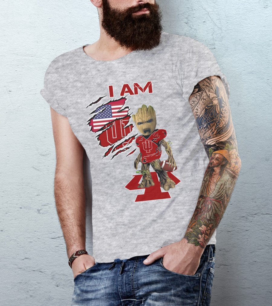 I Am Iu Hoosiers Baby Groot American Flag Football T-Shirt