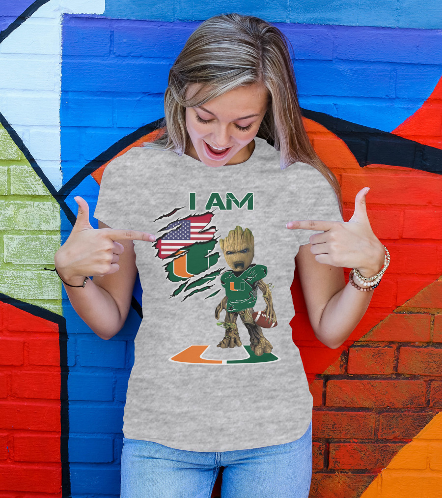 I AM Baby Groot Miami Hurricanes Football USA Flag T-Shirt