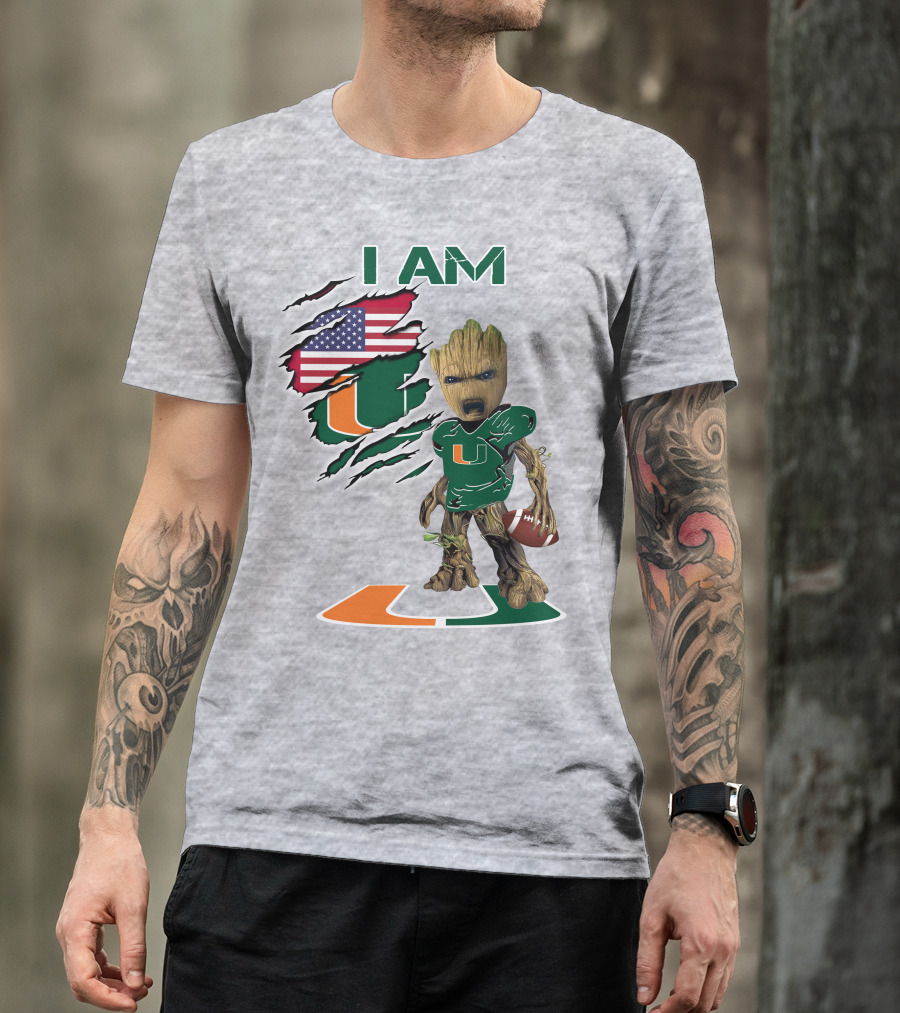 I AM Baby Groot Miami Hurricanes Football USA Flag T-Shirt