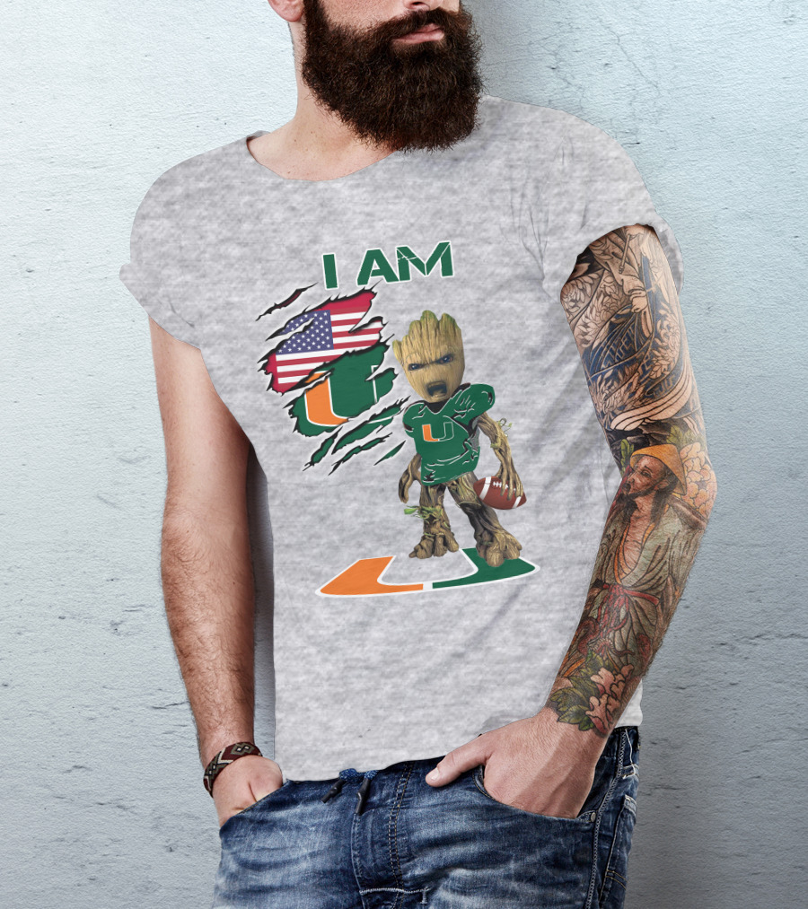 I AM Baby Groot Miami Hurricanes Football USA Flag T-Shirt