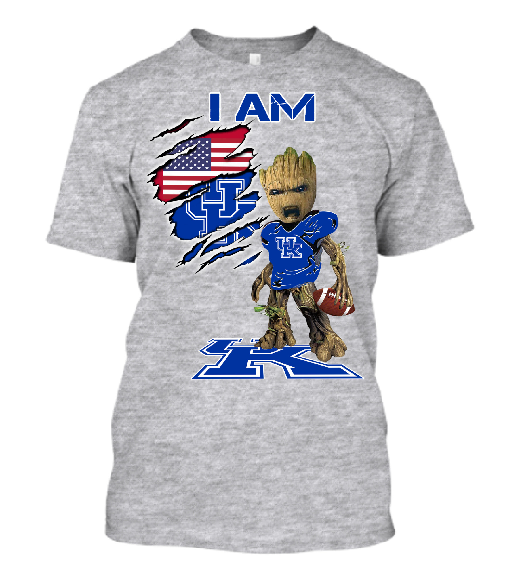 I AM Kentucky Baby Groot Football UK Logo American Flag T-Shirt