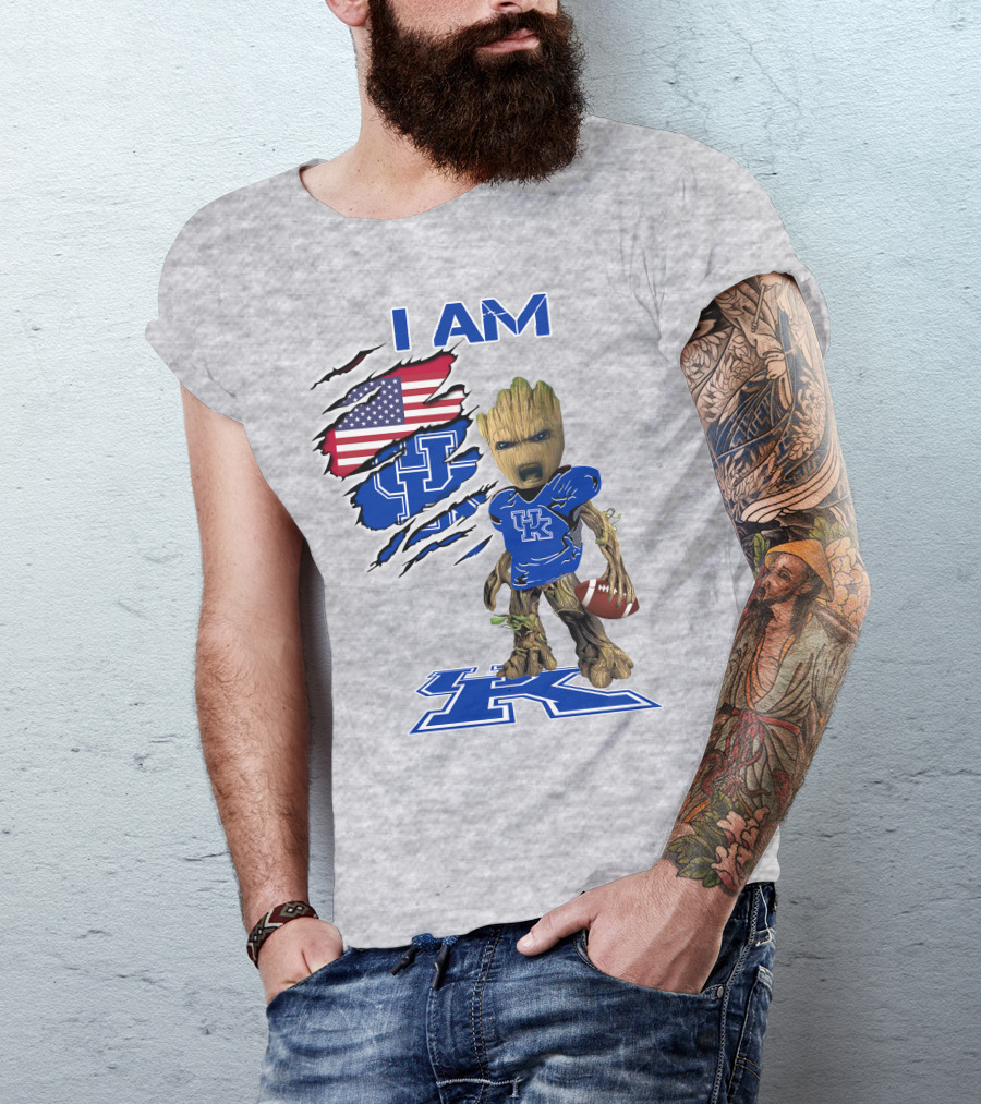 I AM Kentucky Baby Groot Football UK Logo American Flag T-Shirt