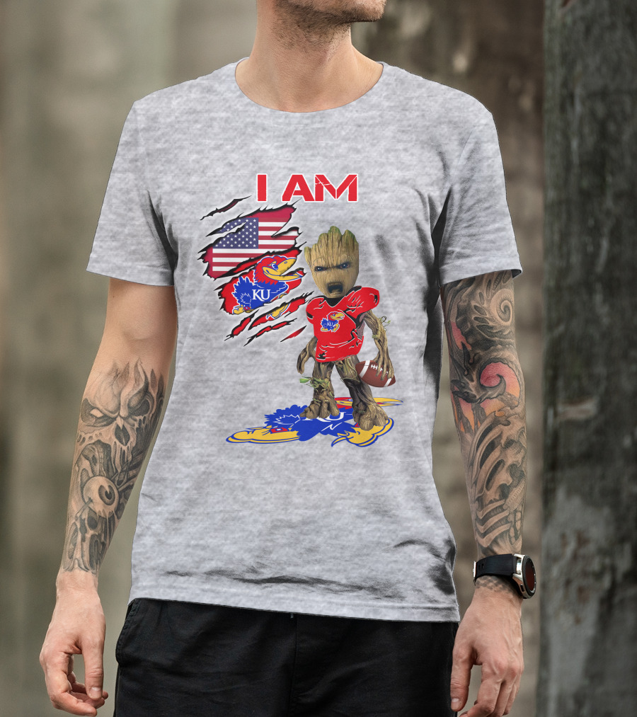 I AM KU Baby Groot Kansas Jayhawks Football Patriotic American Flag T-Shirt