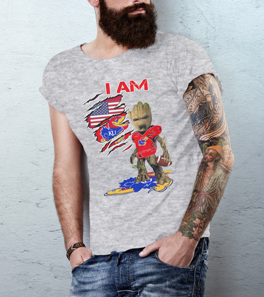 I AM KU Baby Groot Kansas Jayhawks Football Patriotic American Flag T-Shirt