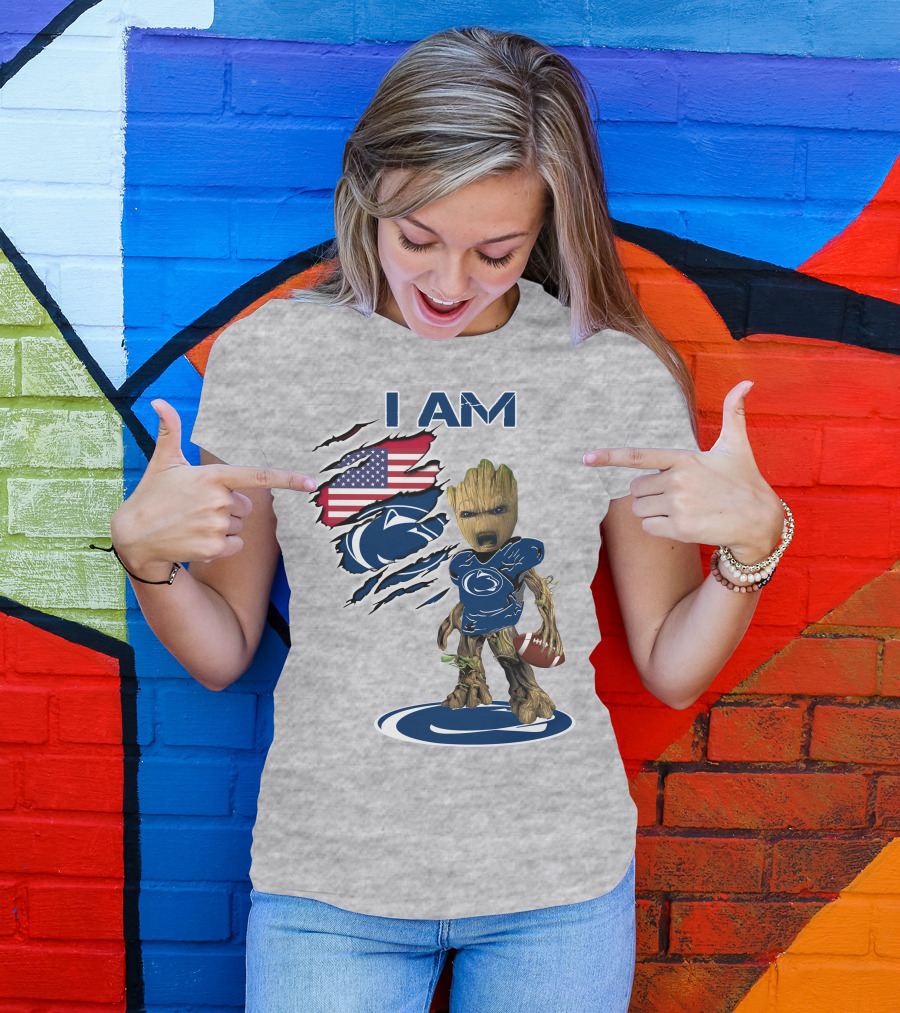 I Am Penn State Baby Groot American Flag Football T-Shirt