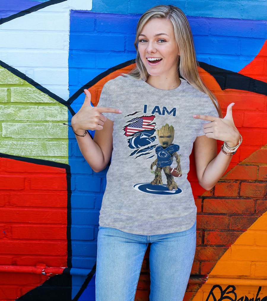 I Am Penn State Baby Groot American Flag Football T-Shirt