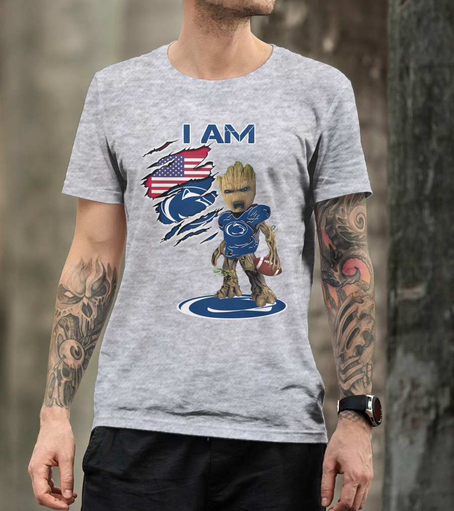I Am Penn State Baby Groot American Flag Football T-Shirt