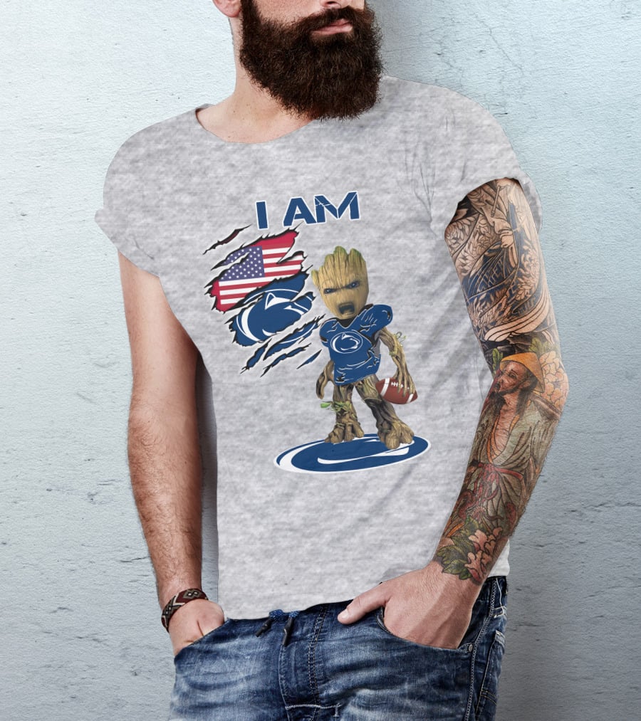 I Am Penn State Baby Groot American Flag Football T-Shirt