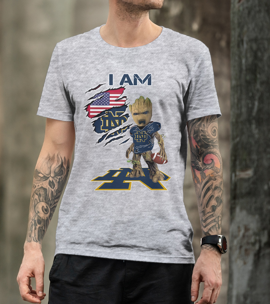 I Am Notre Dame Baby Groot American Flag Football T-Shirt