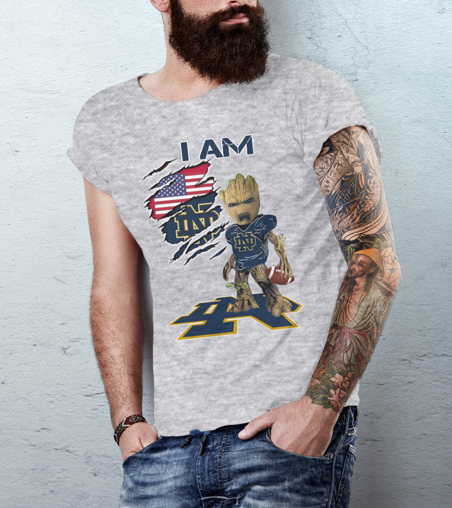 I Am Notre Dame Baby Groot American Flag Football T-Shirt