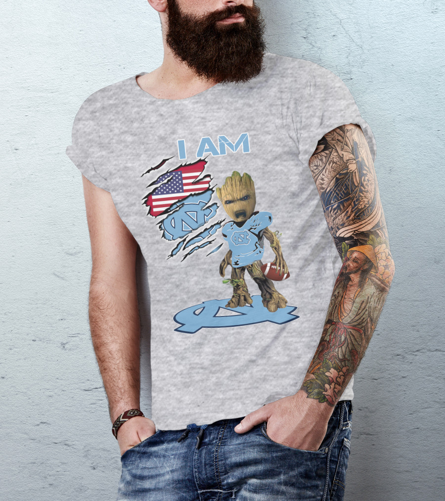 I AM Tarheel Baby Groot UNC Football USA Flag T-Shirt