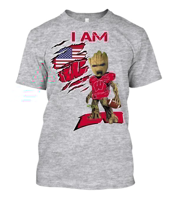 I Am Wisconsin Baby Groot Football W Logo American Flag T-Shirt