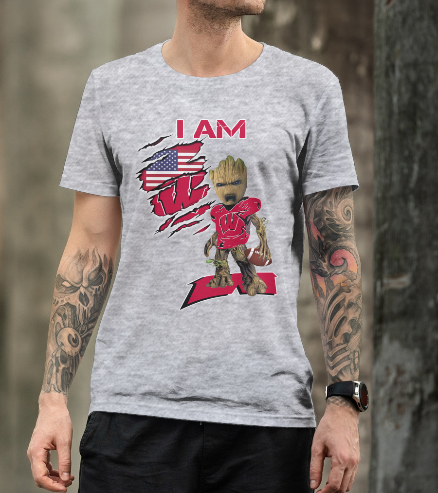 I Am Wisconsin Baby Groot Football W Logo American Flag T-Shirt