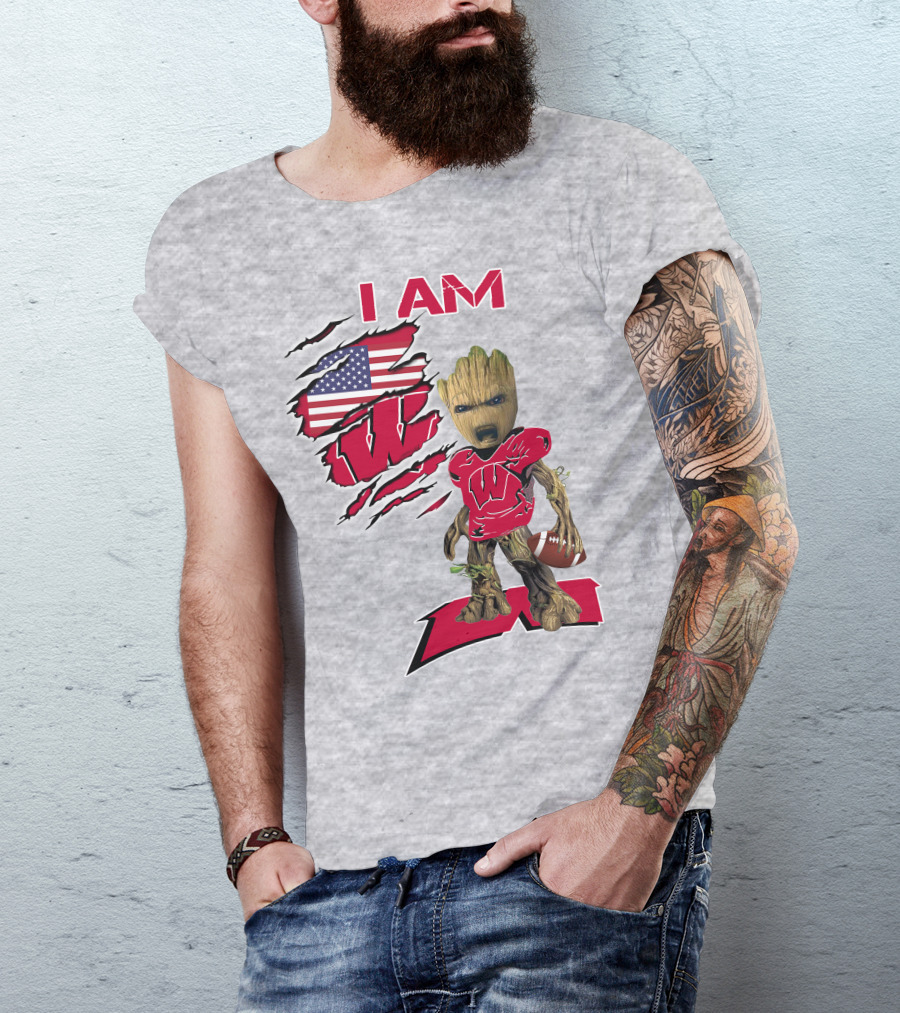 I Am Wisconsin Baby Groot Football W Logo American Flag T-Shirt