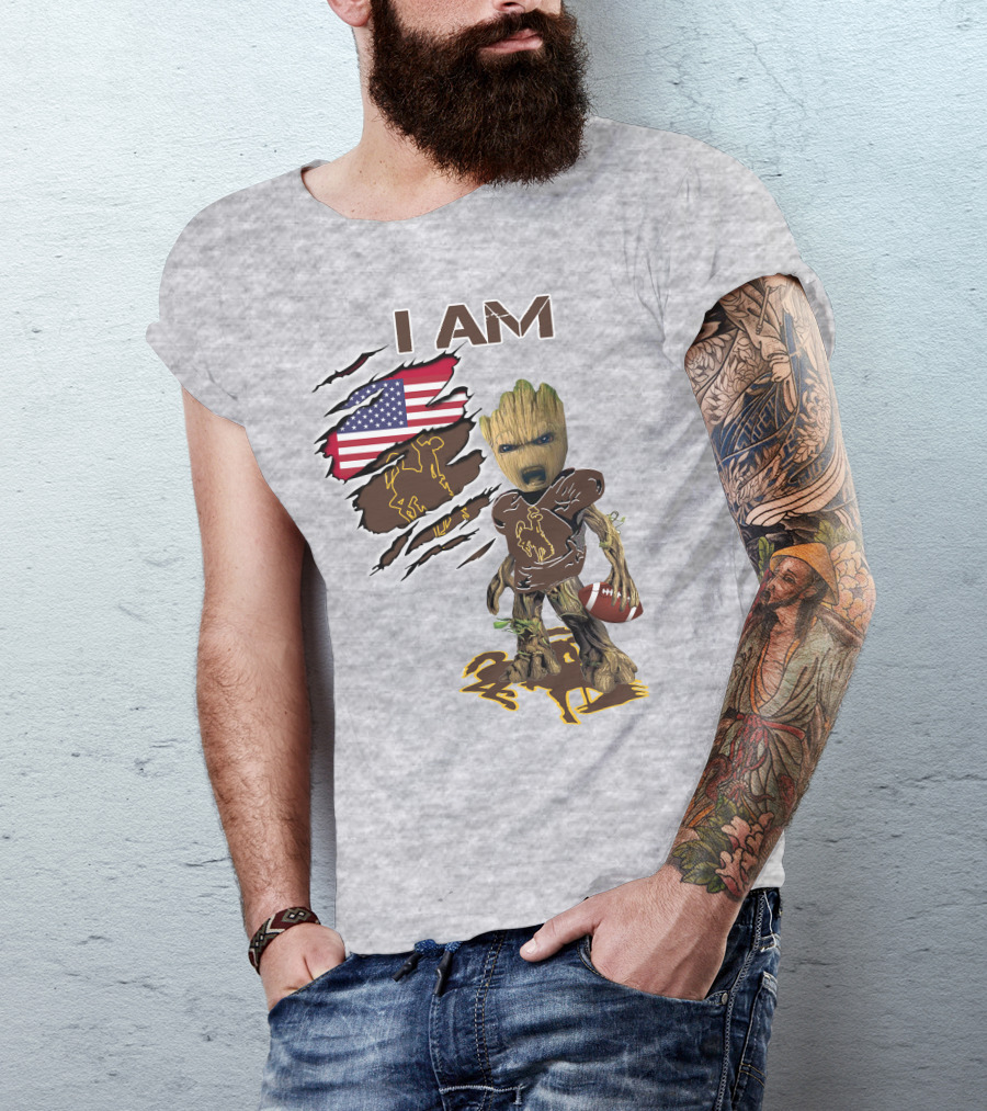 I AM Wyoming Baby Groot Football American Flag Cowboy T-Shirt