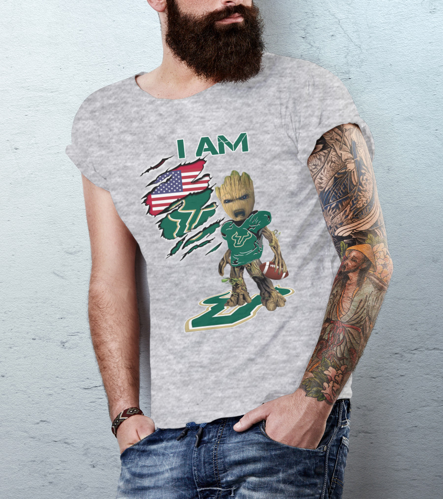 I AM USF Baby Groot Football American Flag T-Shirt