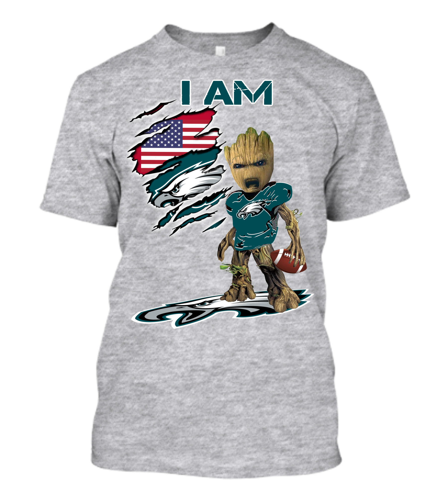 I Am Eagles Baby Groot Football American Flag T-Shirt