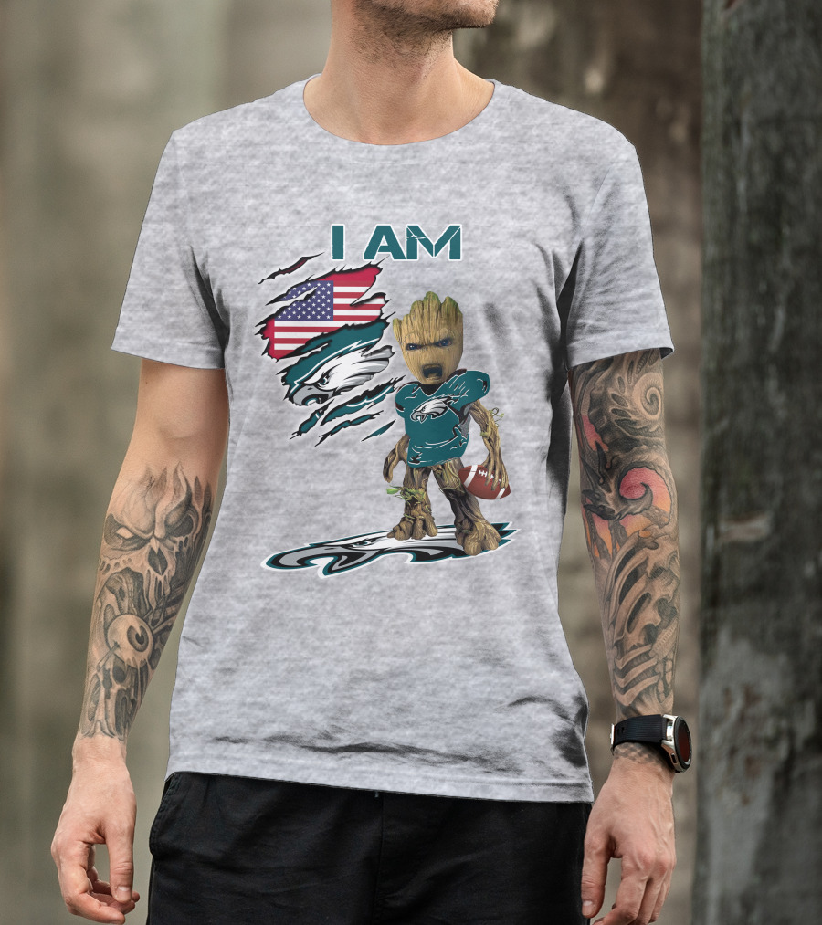 I Am Eagles Baby Groot Football American Flag T-Shirt