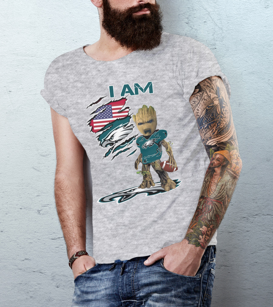 I Am Eagles Baby Groot Football American Flag T-Shirt