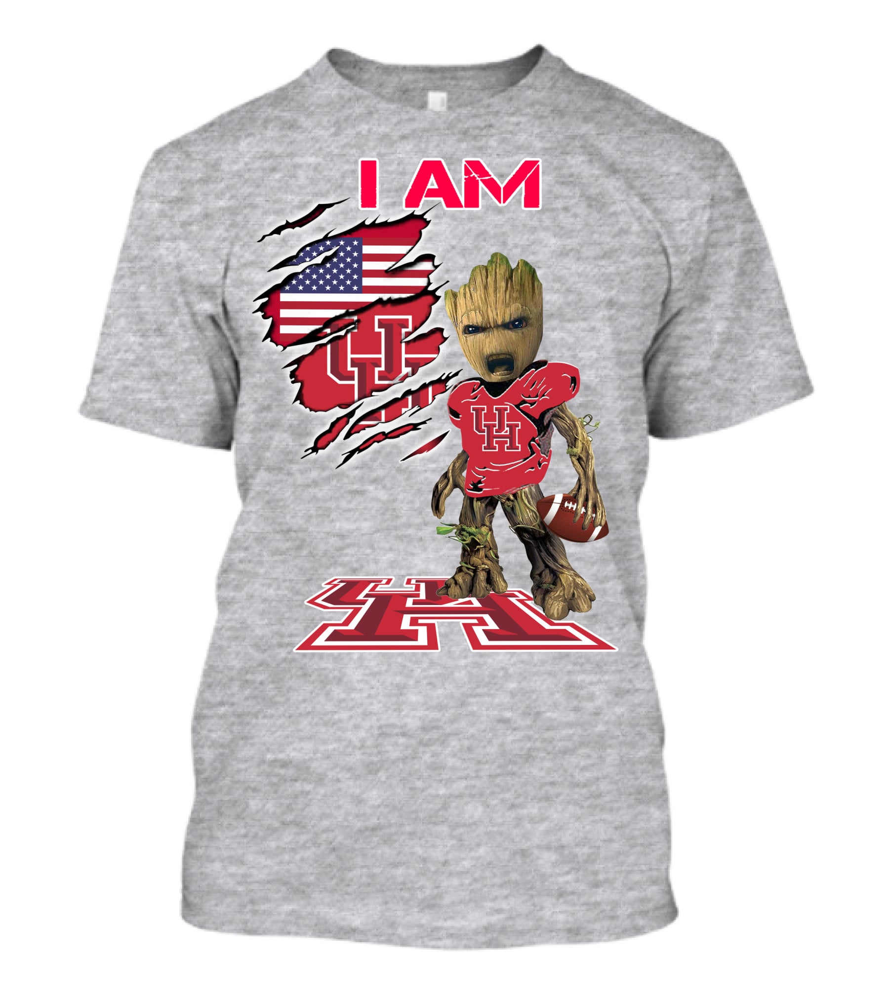 I AM Houtons Baby Groot UH Football American Flag Background T-Shirt