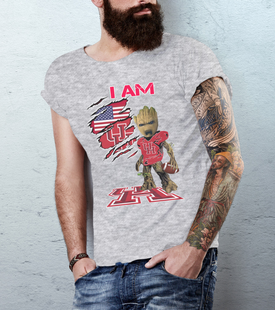 I AM Houtons Baby Groot UH Football American Flag Background T-Shirt