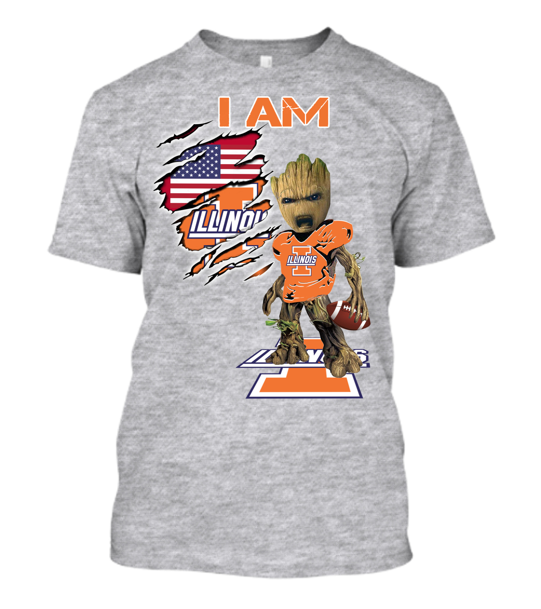 I AM Illinois Baby Groot Football American Flag T-Shirt