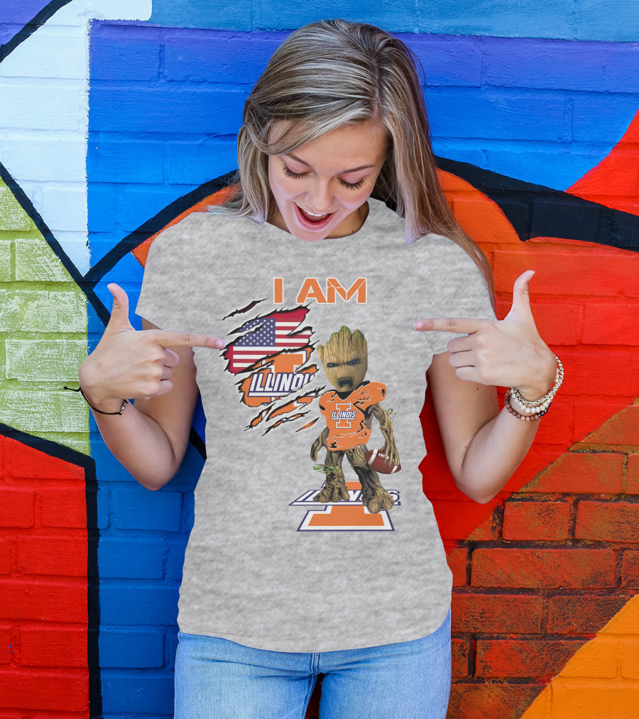 I AM Illinois Baby Groot Football American Flag T-Shirt