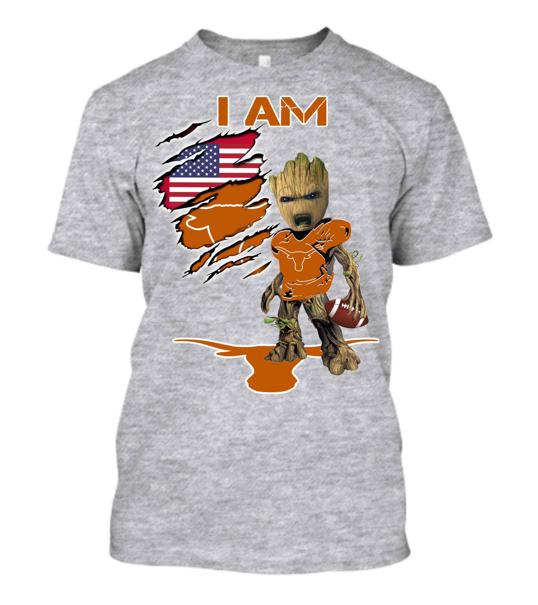 I AM Longhorn Baby Groot Football USA Flag T-Shirt