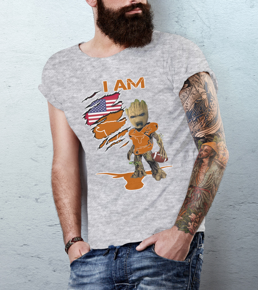 I AM Longhorn Baby Groot Football USA Flag T-Shirt