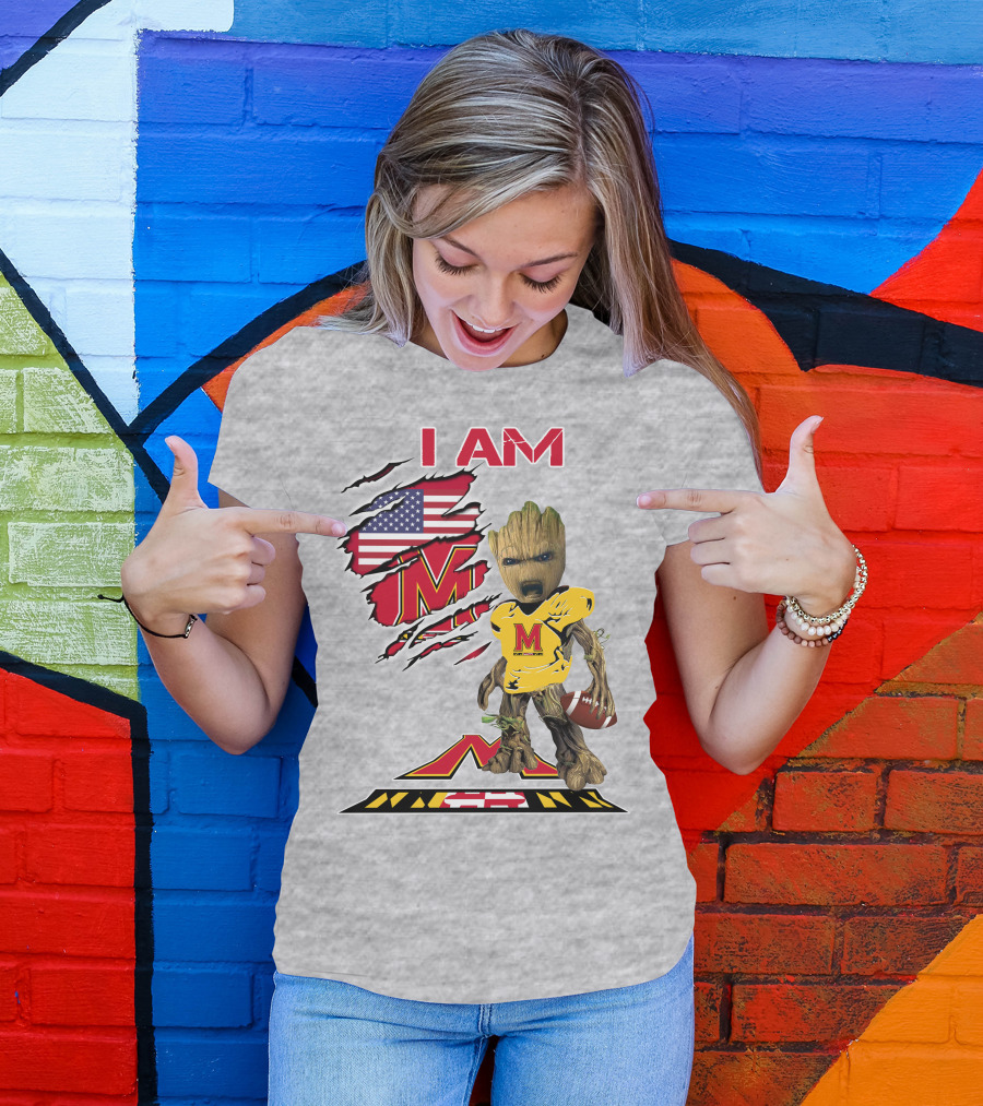 I AM Baby Groot Maryland Football American Flag M T-Shirt