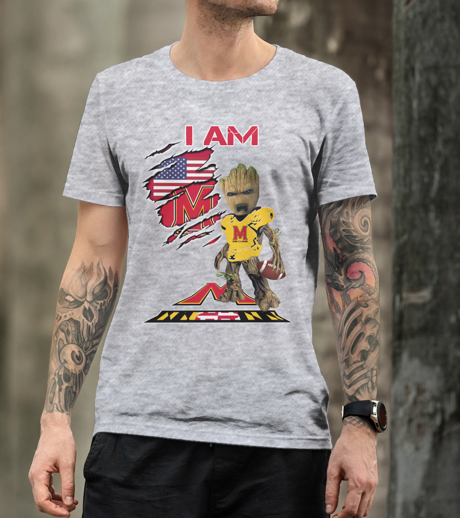 I AM Baby Groot Maryland Football American Flag M T-Shirt