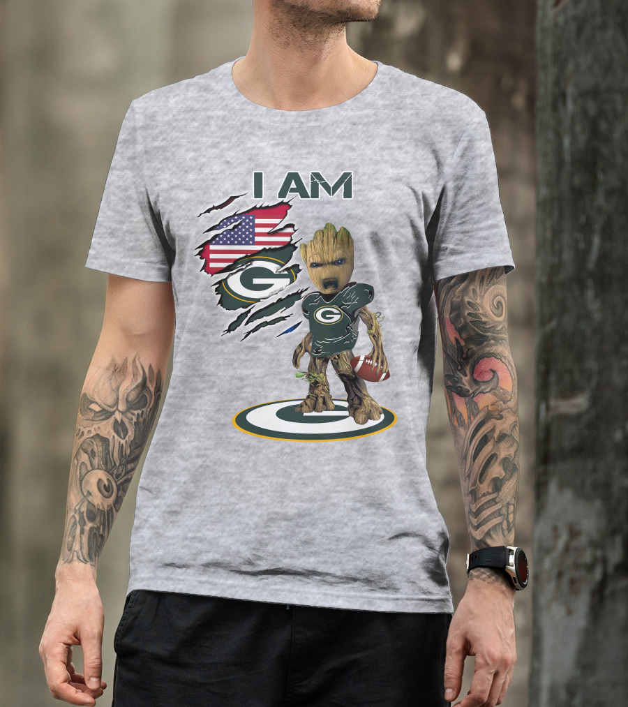 I Am Packers Baby Groot American Flag Football T-Shirt