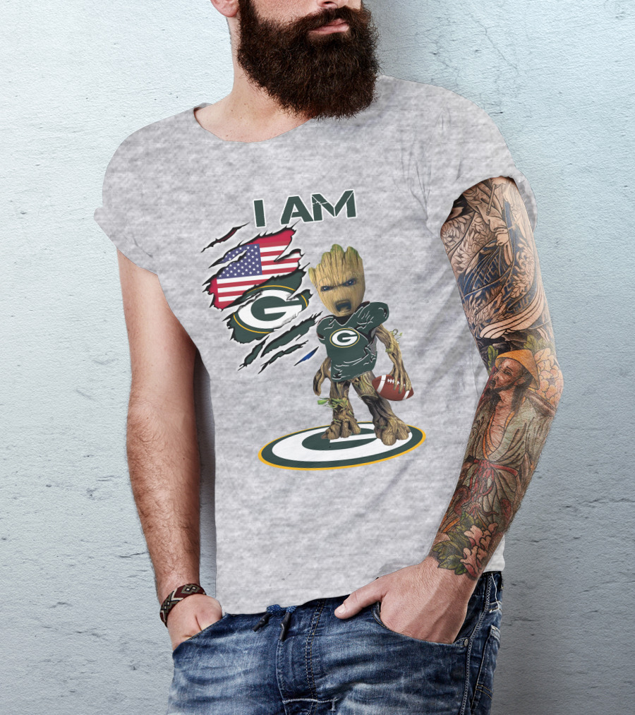 I Am Packers Baby Groot American Flag Football T-Shirt