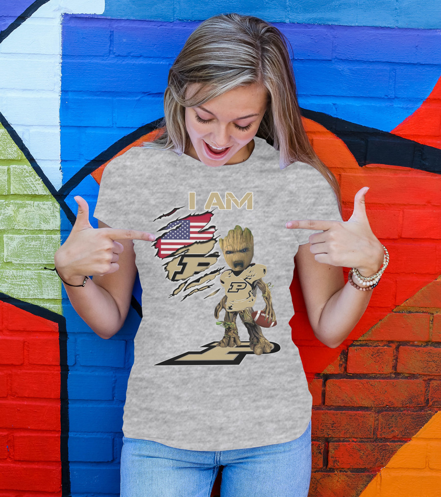 I AM Purdue Baby Groot Football American Flag P T-Shirt