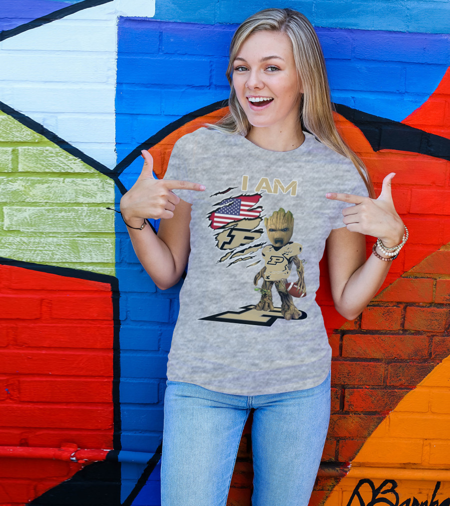 I AM Purdue Baby Groot Football American Flag P T-Shirt