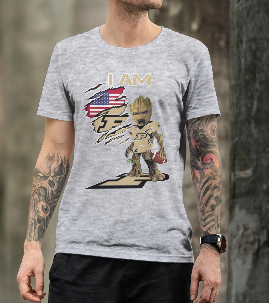 I AM Purdue Baby Groot Football American Flag P T-Shirt