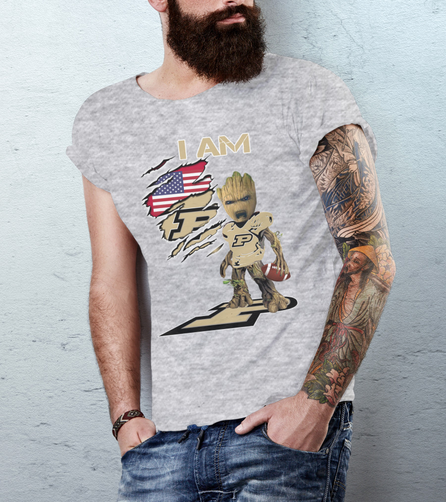 I AM Purdue Baby Groot Football American Flag P T-Shirt