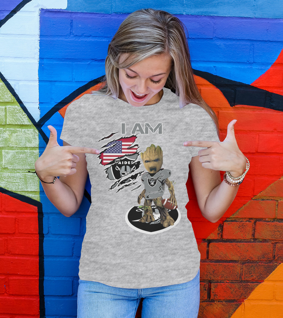 I Am Raiders Baby Groot American Flag Football T-Shirt