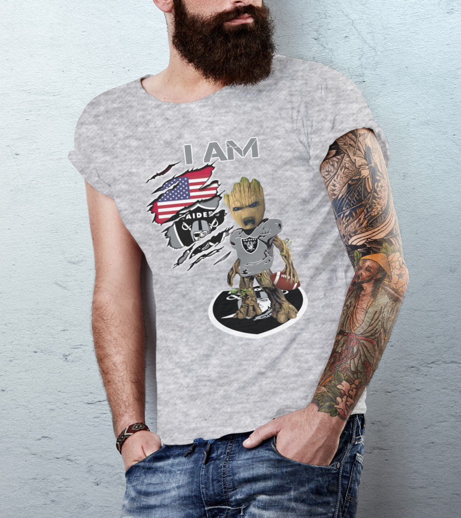 I Am Raiders Baby Groot American Flag Football T-Shirt