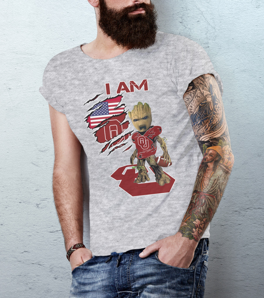 I Am Baby Groot OU Sooners Football USA Flag T-Shirt
