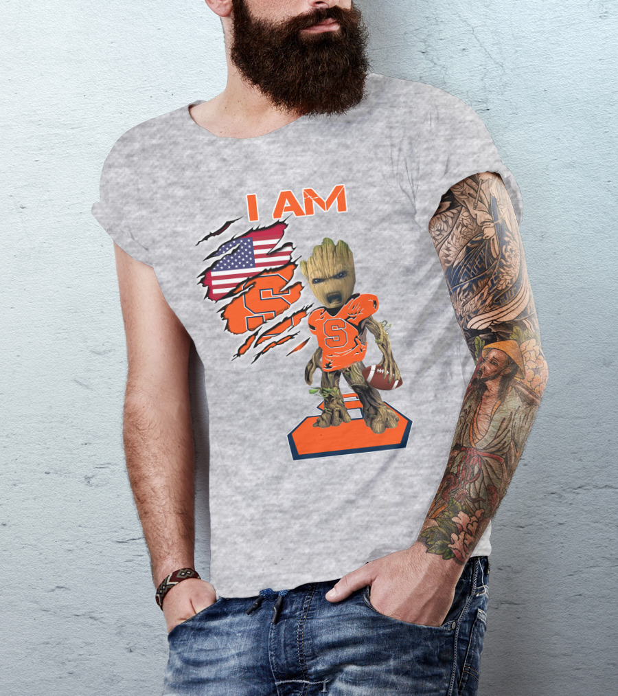 I Am Syracuse Baby Groot American Football Player With Flag And Orange S T-Shirt