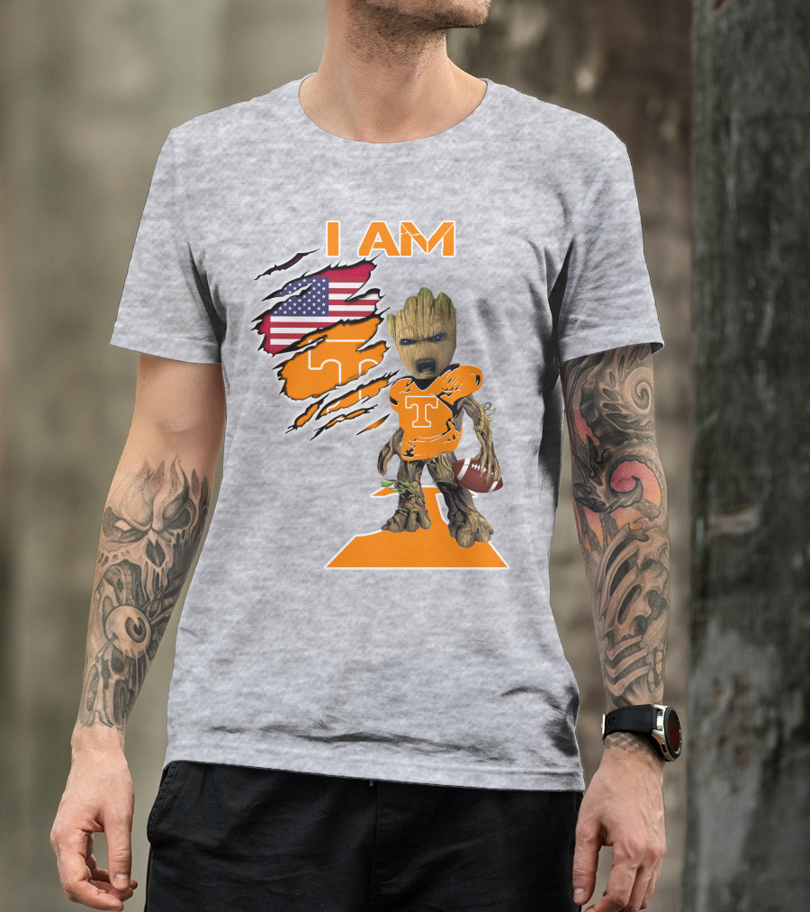 I AM Tennessee Baby Groot Football American Flag T-Shirt