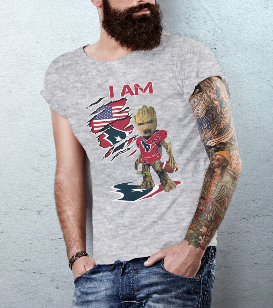 I Am Texans Baby Groot Football Usa Flag T-Shirt