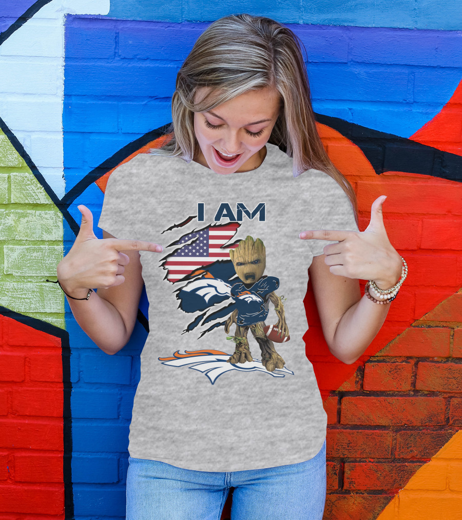 I Am Broncos Baby Groot American Flag Football T-Shirt