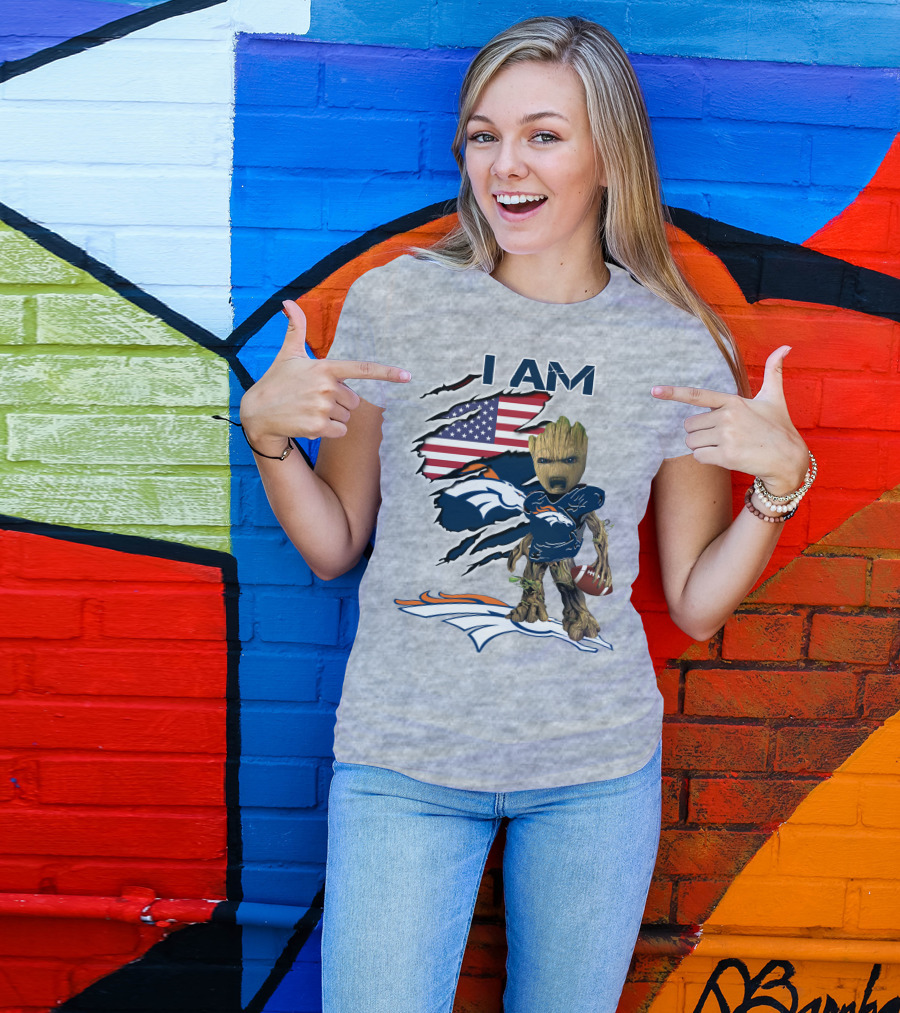 I Am Broncos Baby Groot American Flag Football T-Shirt
