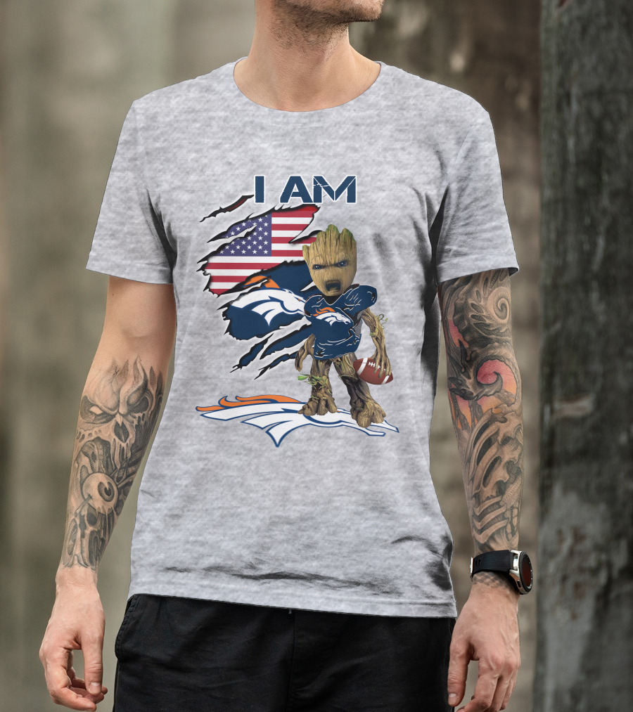I Am Broncos Baby Groot American Flag Football T-Shirt
