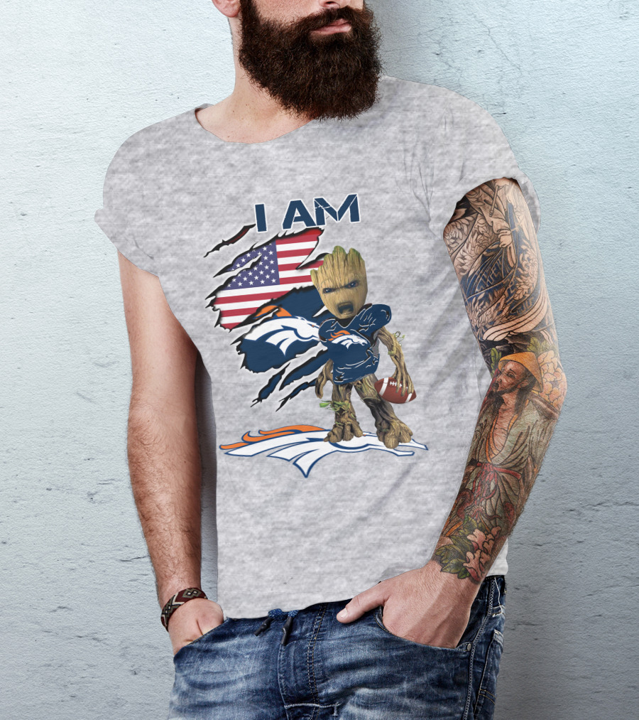I Am Broncos Baby Groot American Flag Football T-Shirt